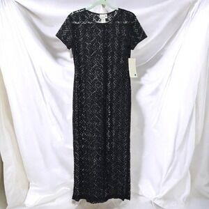 Scarlett Crochet Maxi Dress Black Sheath‎ Sheer Party Beach Cover Woman 9-10 NWT